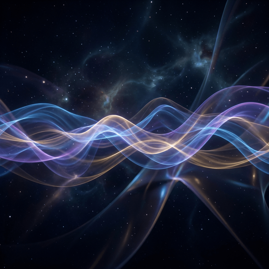 Colorful, flowing energy bands against a dark, star-filled cosmic background.